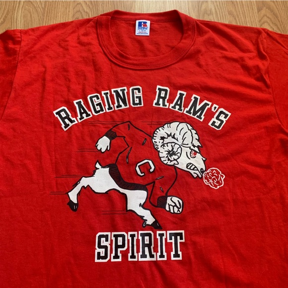 Raging Ram’s Spirit T-shirt Large Russell Athletic Red 80’s Vtg Single Stitch - Picture 2 of 8